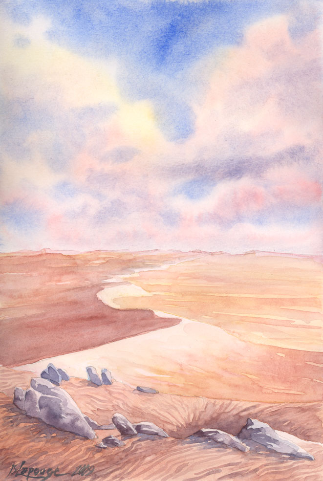 aquarelle , dunes et rochers du désert du sahara
