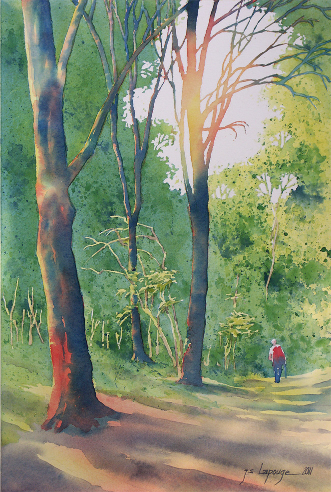 watercolors, hiker in the woods, lanscape painting