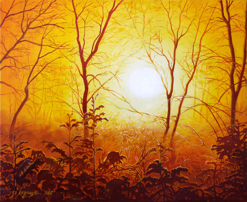 Sunrise in a snowy forest landscape - oil painting