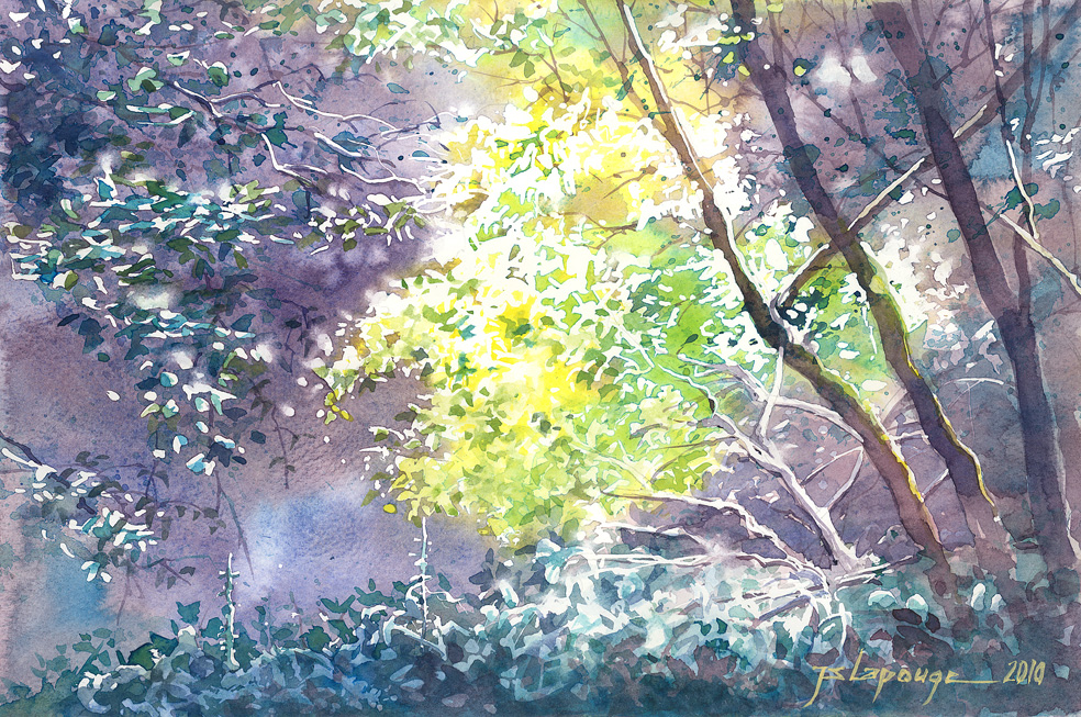 paysage de  sous bois à l'aquarelle