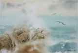 seascape, marine with rocks and spary, watercolors