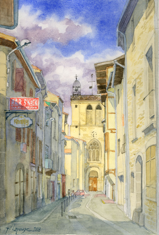 watercolors, old street in Courpière - Auvergne
